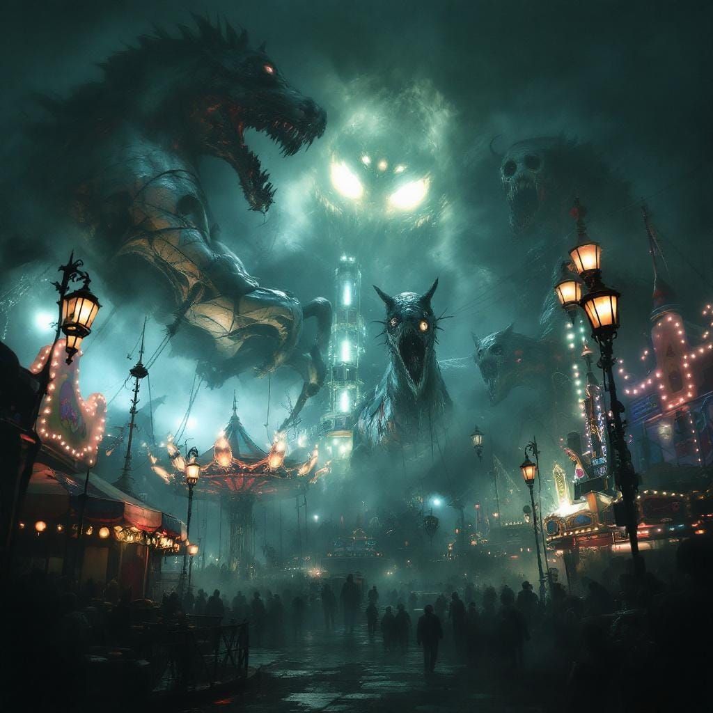 Surreal Twisted Carnival at Night in Dark Fantasy Style