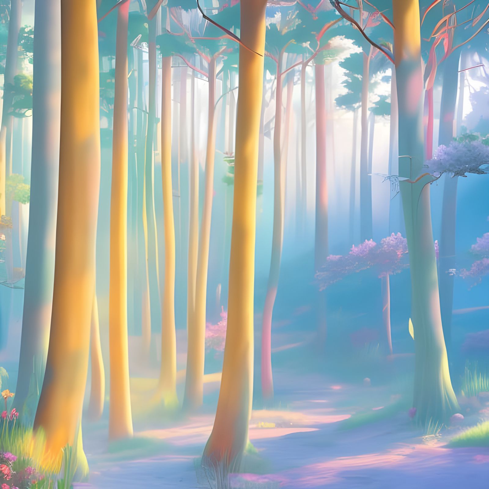 Brightly colored trees, forest, flowers