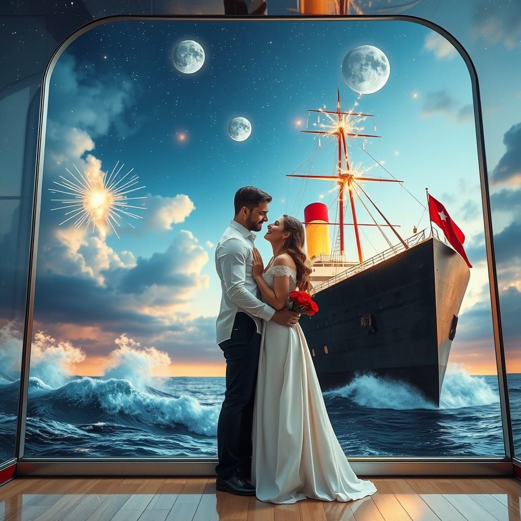 Stunning Romantic Pose of Lovers on a Luxury Cruise Ship