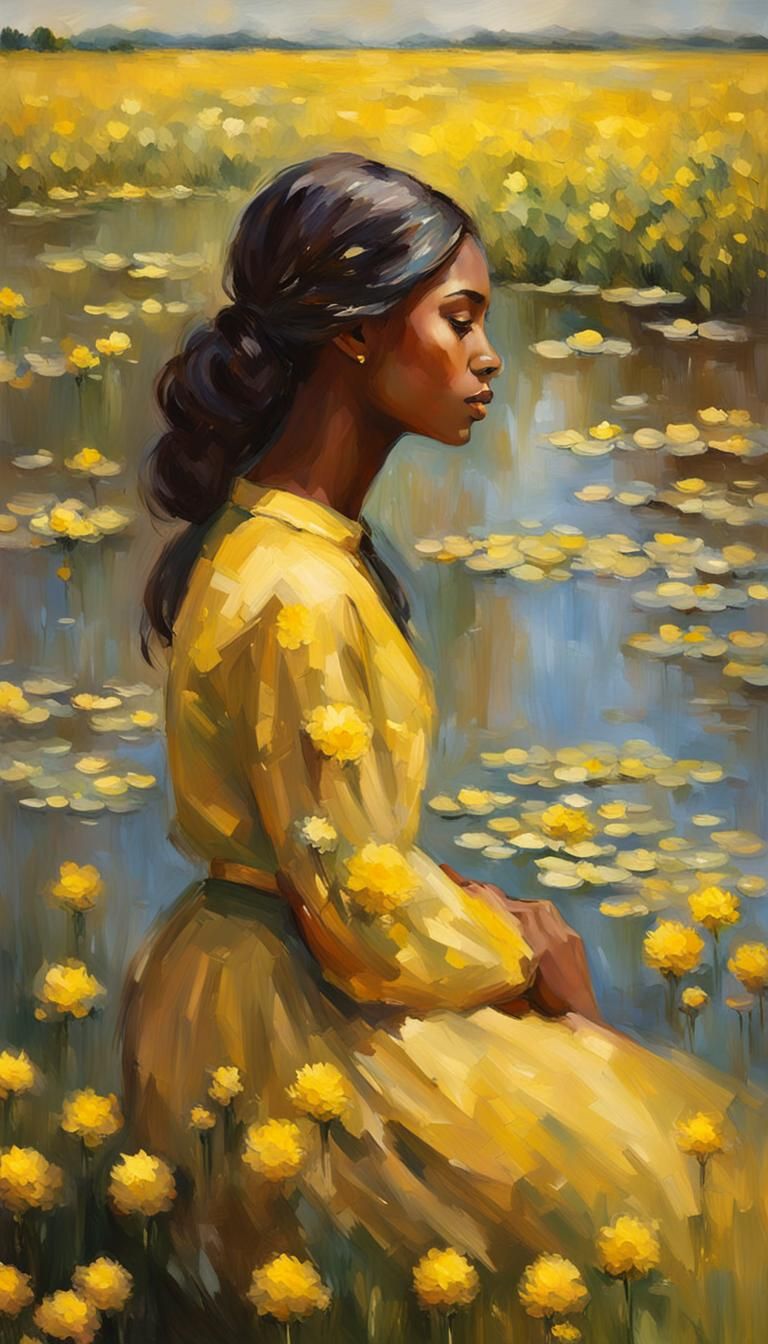 Girl in Yellow Monet-Inspired Dress Contemplating Love