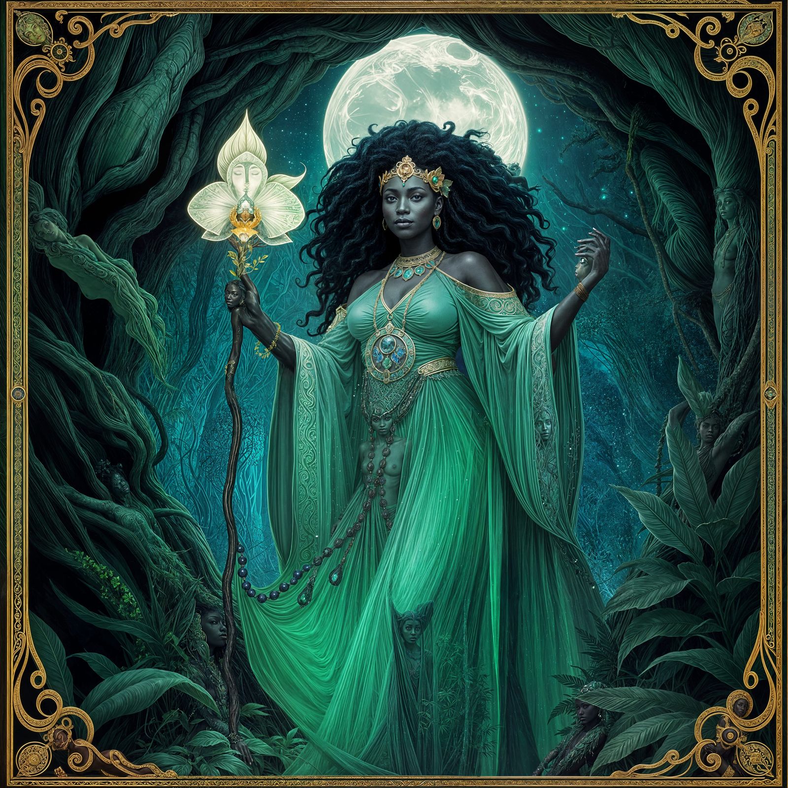 Orisha Emerges from Bioluminescent Jungle Grotto