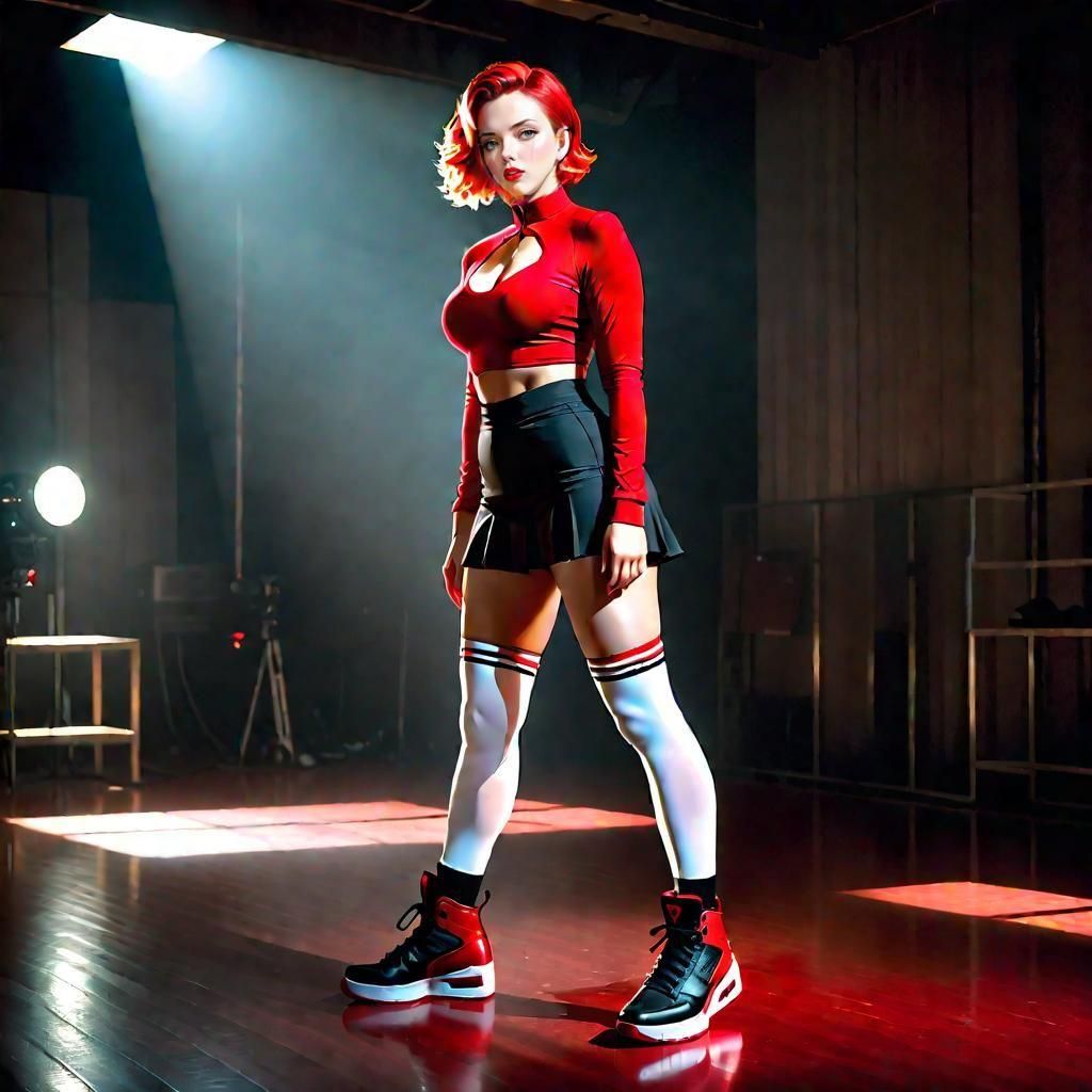 Scarlet Goddess Wears Red Nylons and Black Sneakers