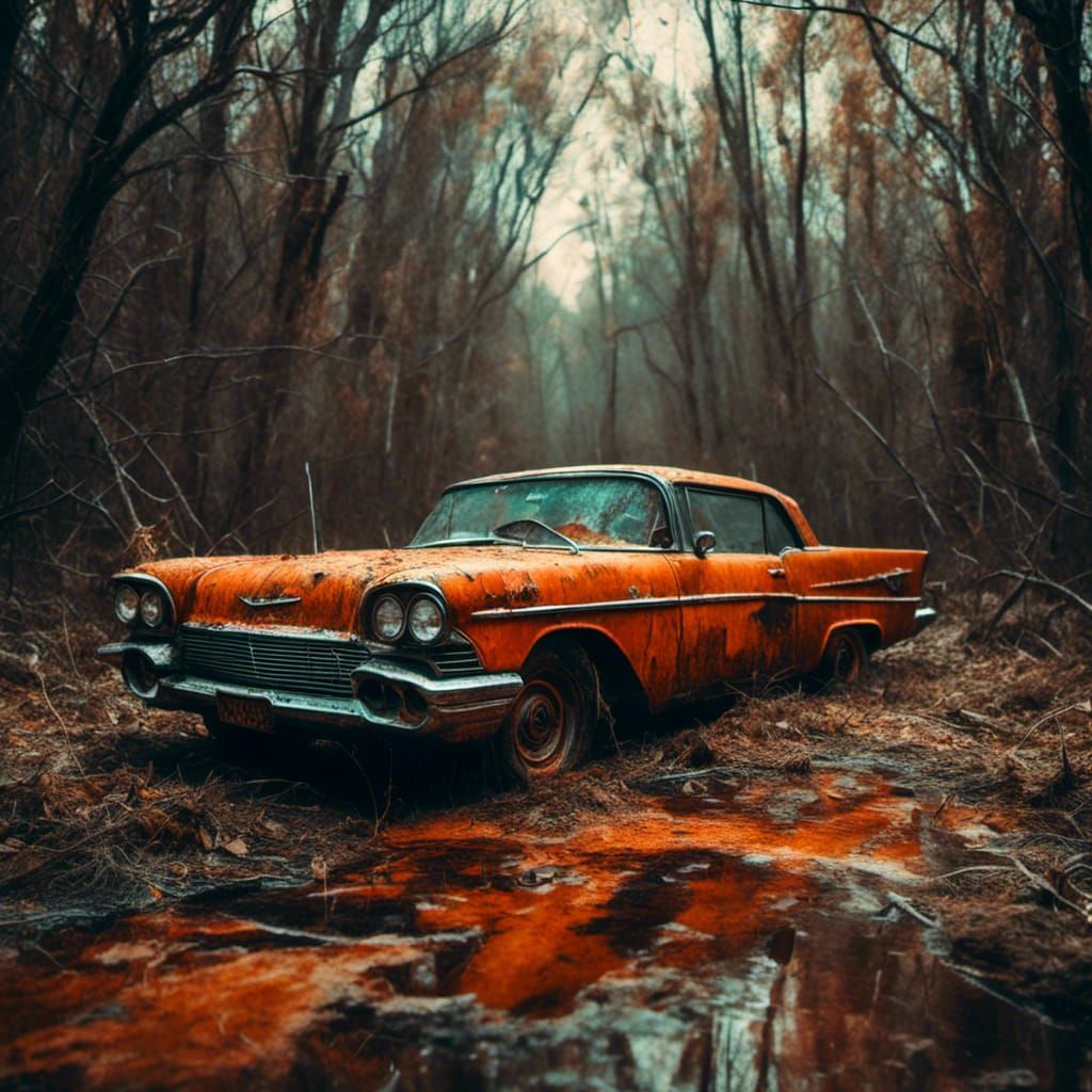 Macabre Hyperrealistic Orange Car Escape in a Dreamlike Atmo...