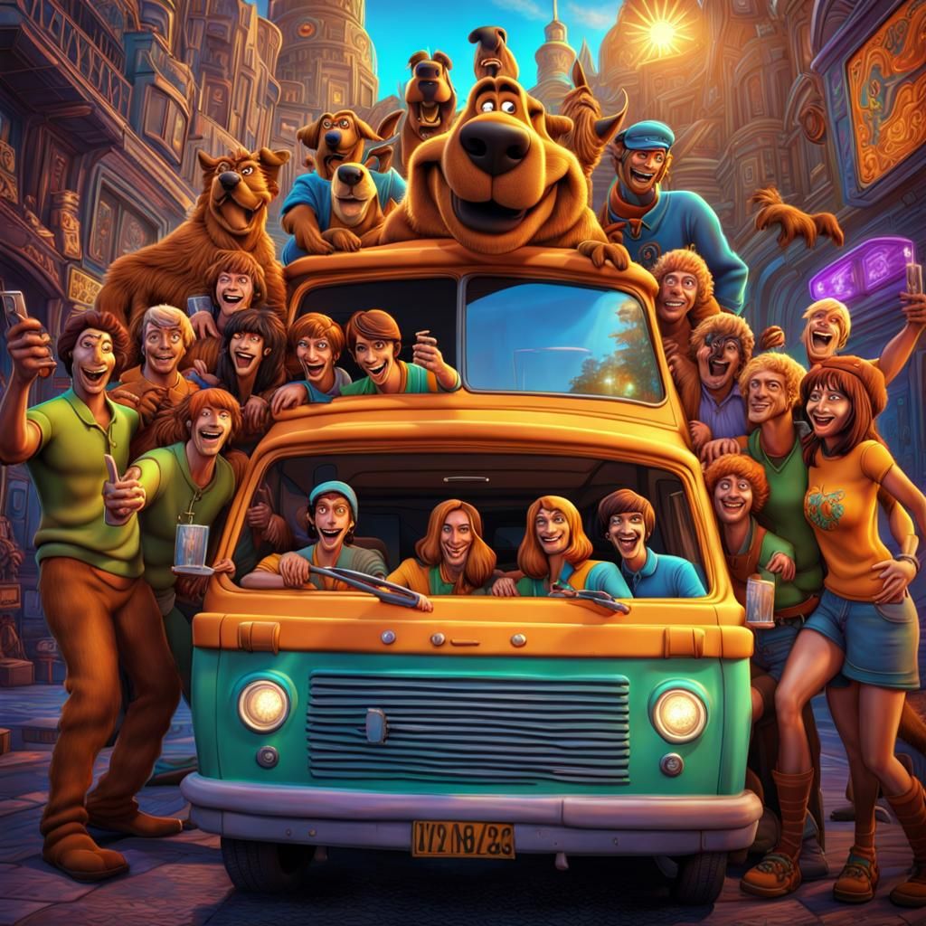 Scooby Doo Gang in Joyful Psychedelic Selfie