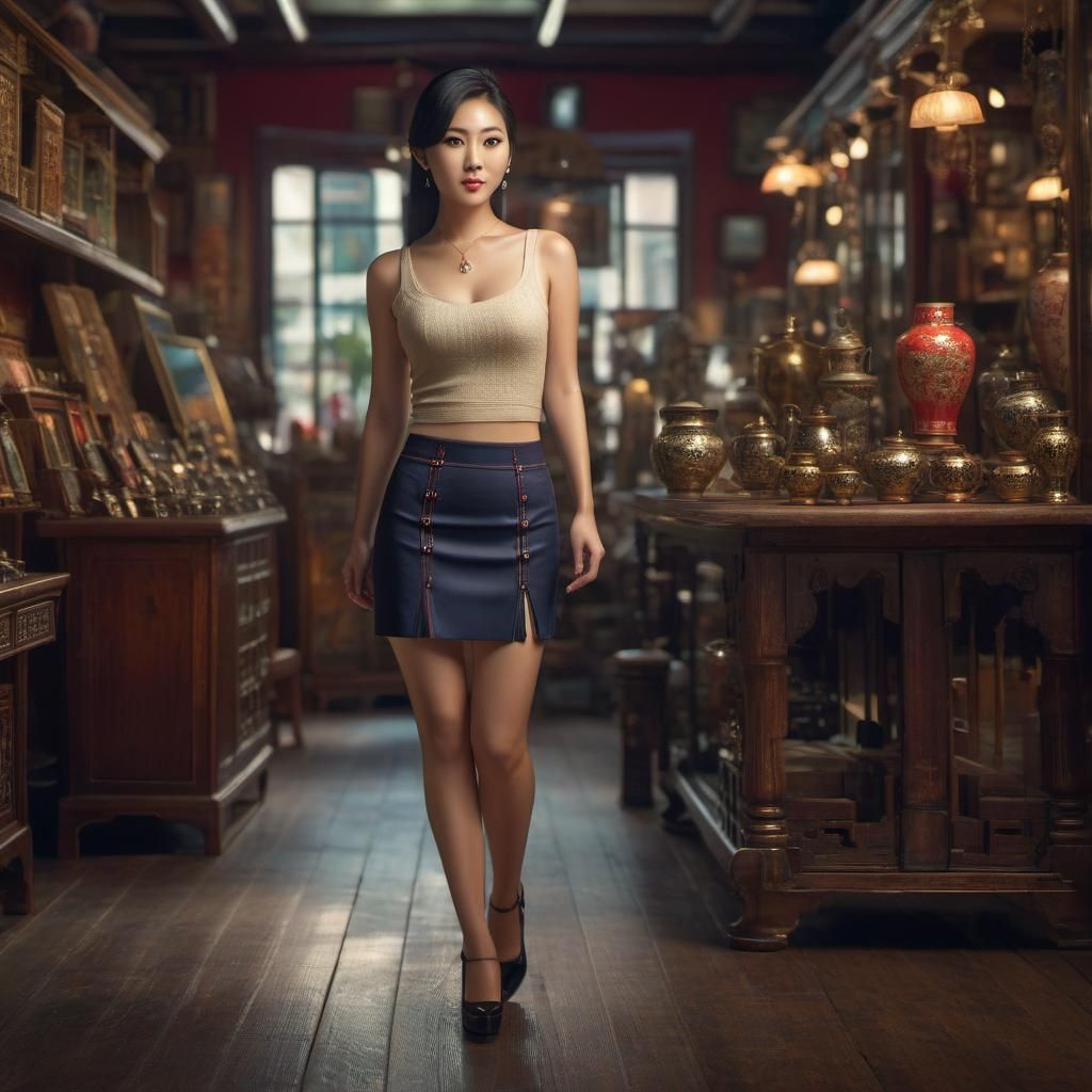 Chinese Woman in Antique Shop, Captured in Stunning Detail