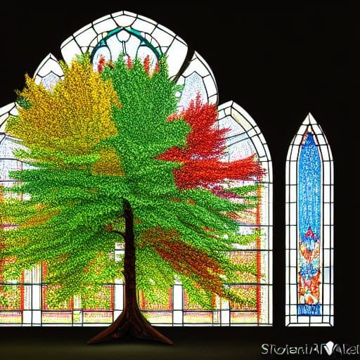 Vibrant Stained Glass Tree in Hyperrealistic Detail