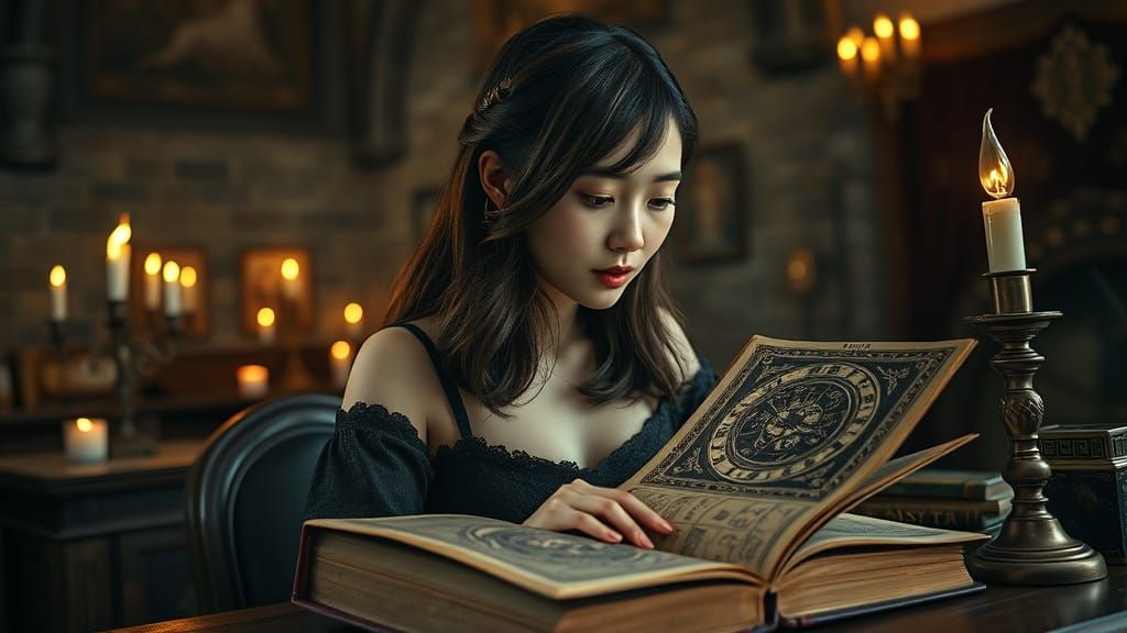 Japanese Young Lady Studies Astrology in a Medieval Castle