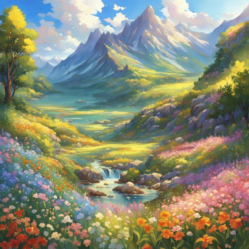 Radiant Medieval Mountain Valley with Wildflowers in Impress...