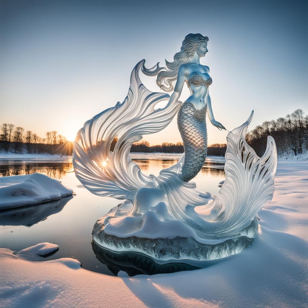 Glowing Mermaid Ice Sculpture in Morning Light