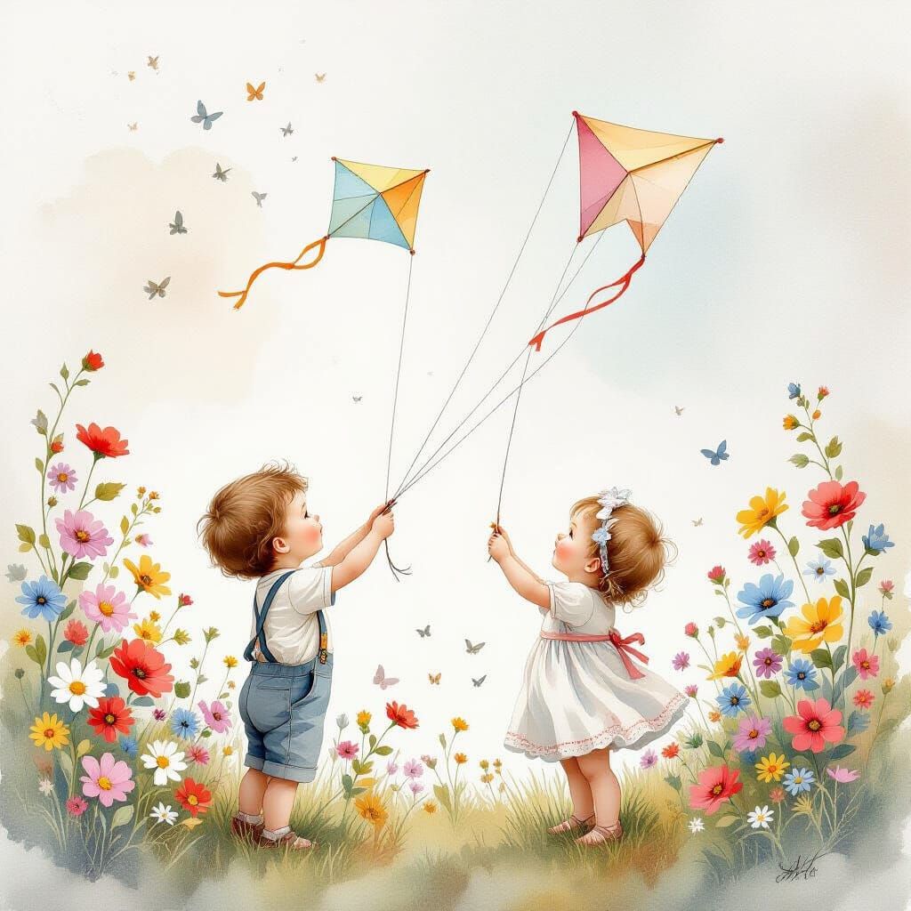 Ethereal Fantasy Watercolour of Siblings Flying Kites