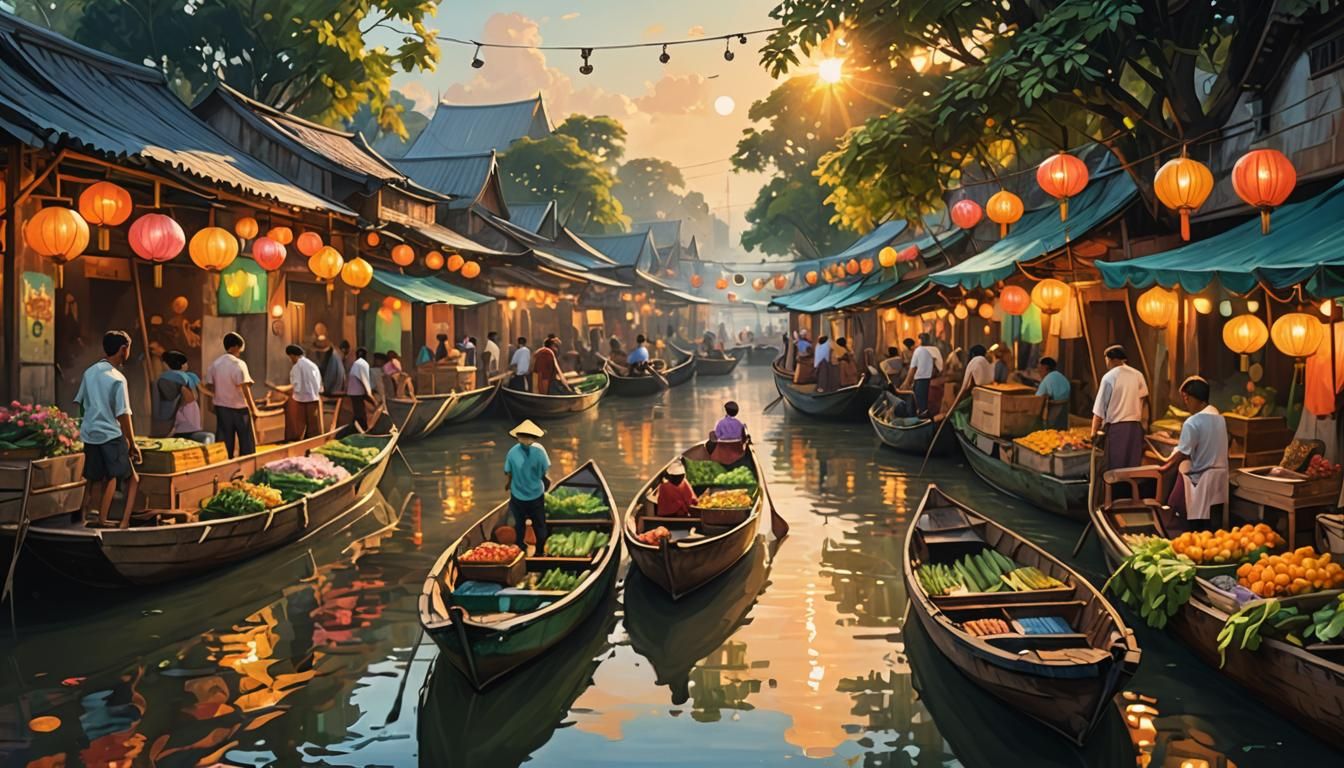 Vibrant Floating Market Scene in Warm Oil Painting Style