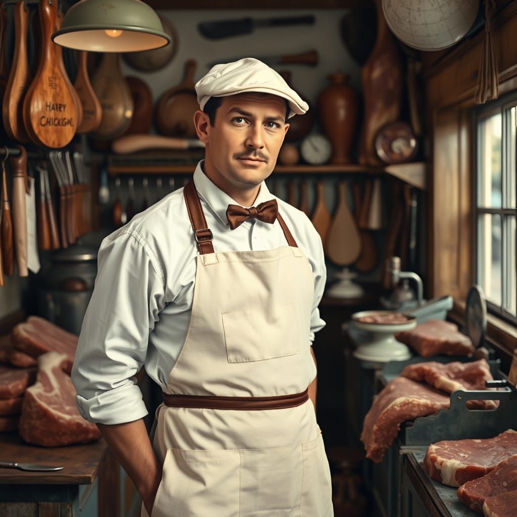 1950s Butcher in Traditional Shop, Illustration Style