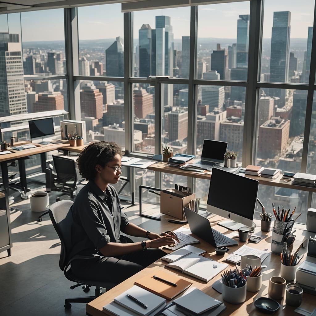 Focused Professional in a Modern Cityscape Office