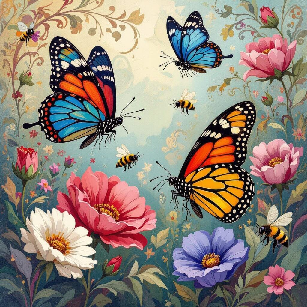 Butterflies and Bees in an Impressionistic Floral Scene