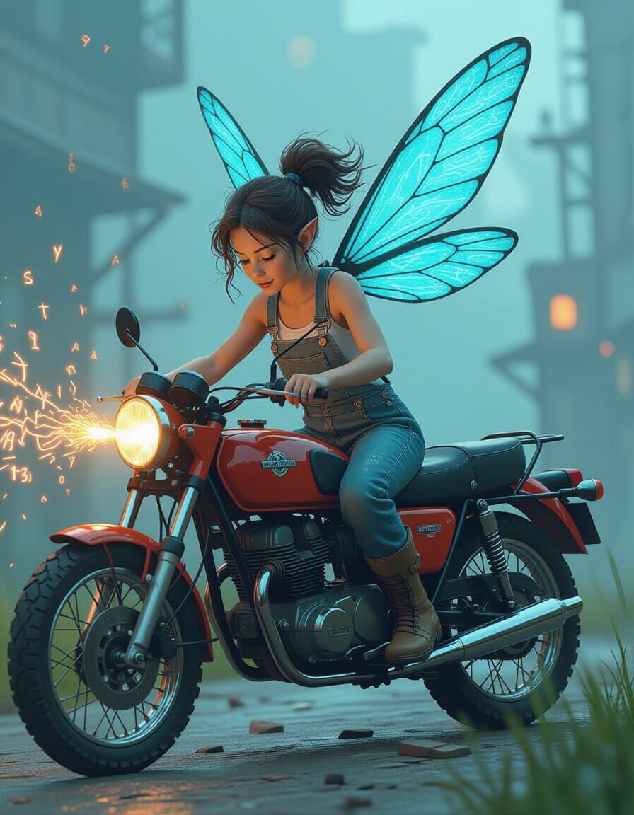 Fairy Mechanic Repairs Motorbike with Magic, Industrial Fant...