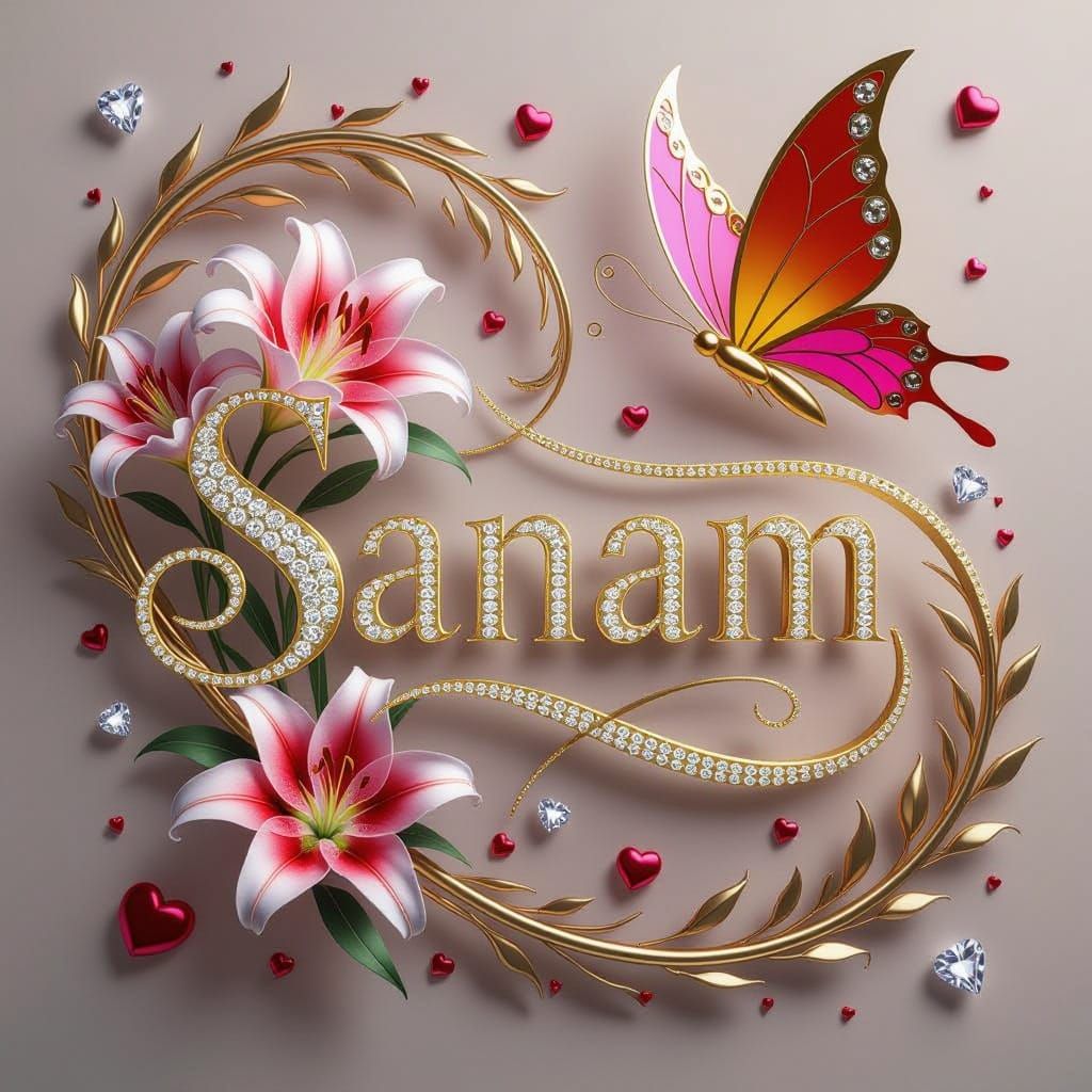 Anime Typography Art: "Sanam" Name with Lilies & Butterflies