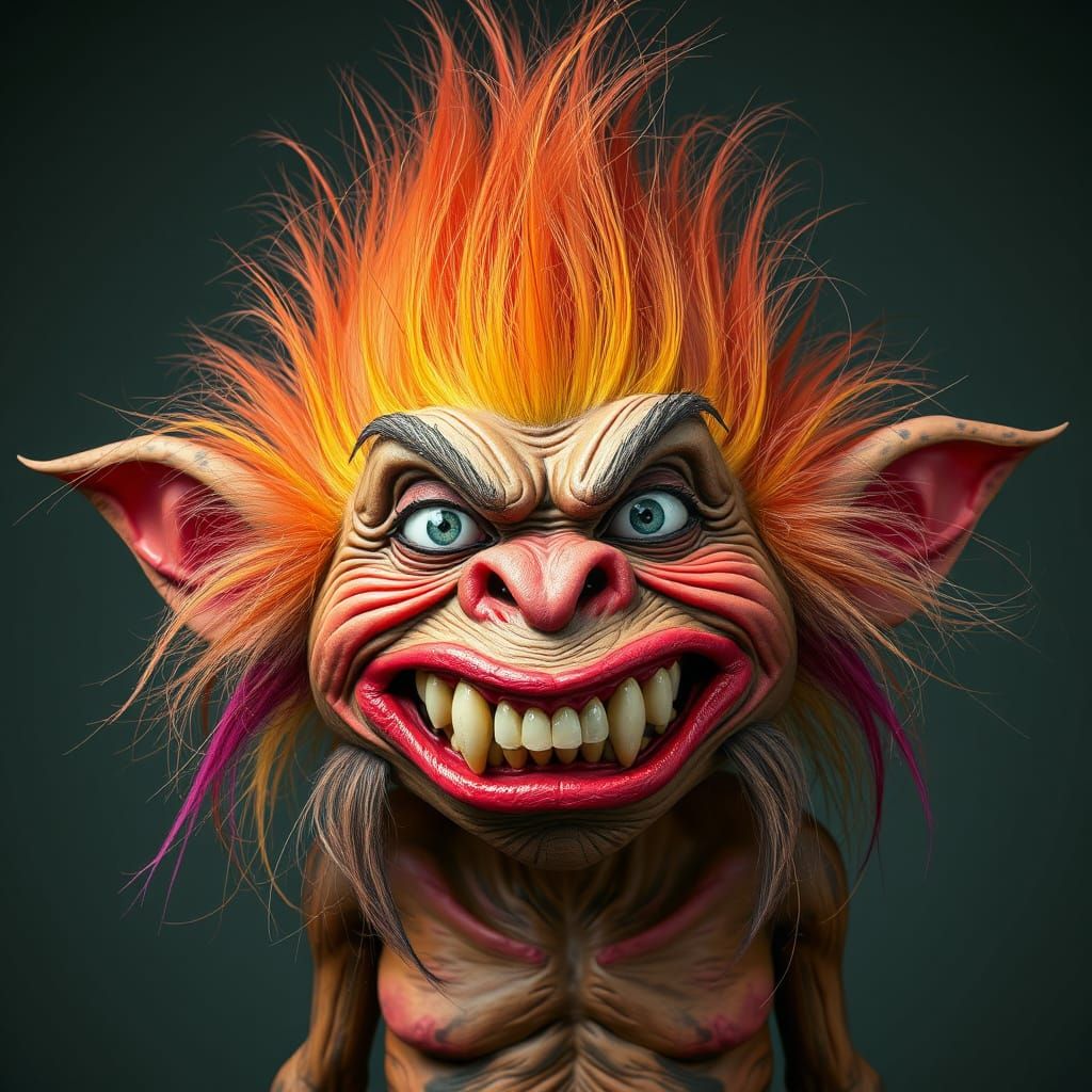 Aggressive Hairy Troll with Large Head, Bold Colors