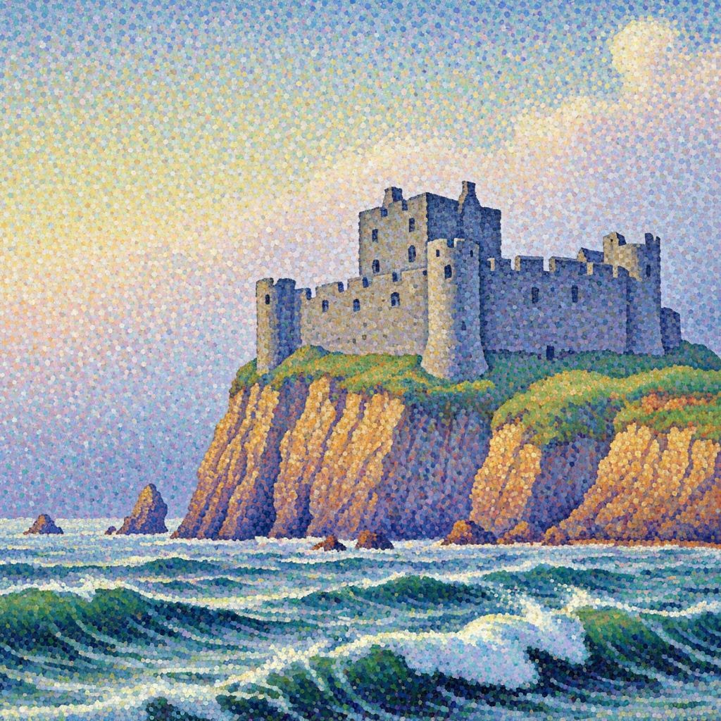 Medieval Castle on Cliff in Pointillist Style