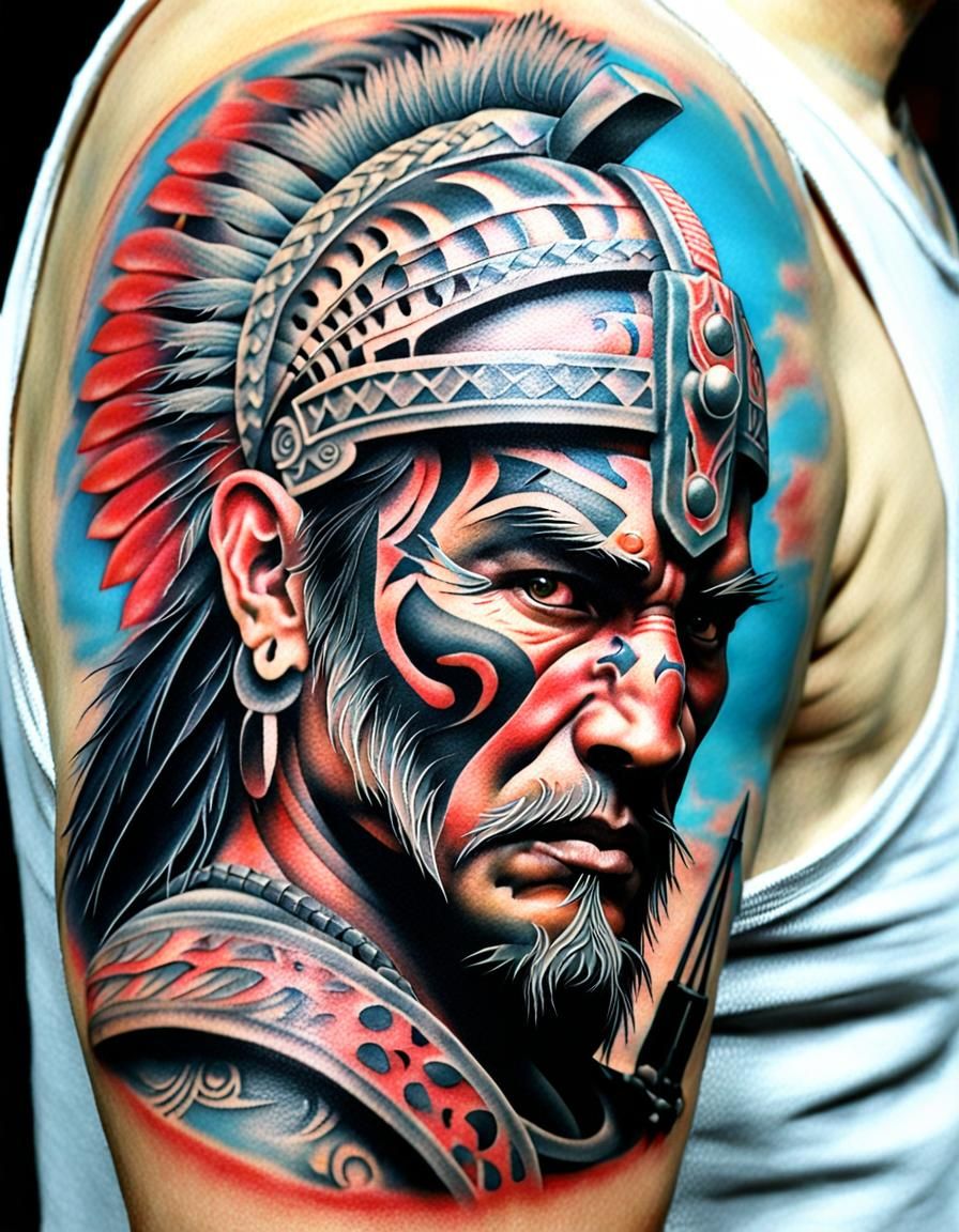 Ancient Warrior Adorned with Intricate 3D Tribal Tattoos