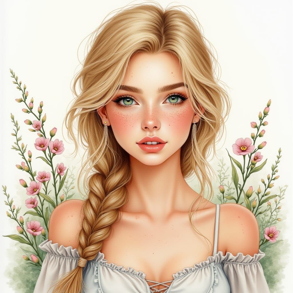 Pretty Woman with Freckles in Misty Sunrise