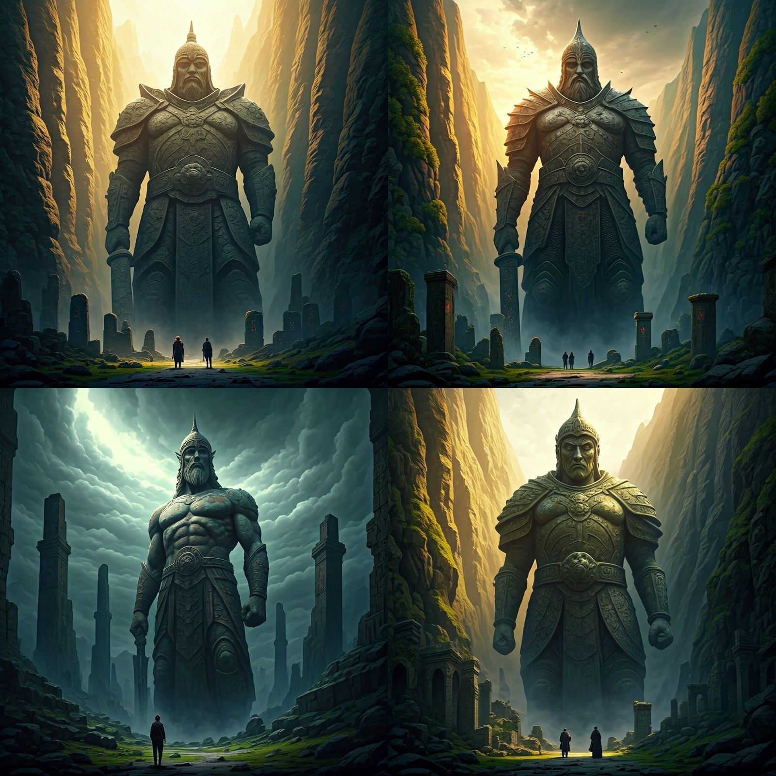 Ancient Warrior Statue in Dramatic Landscape