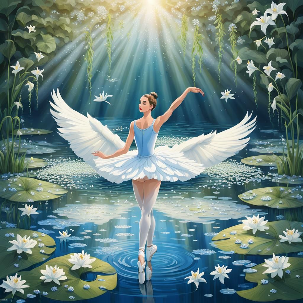 Ballerina on a Lily Leaf in Enchanted Swan Lake Scene