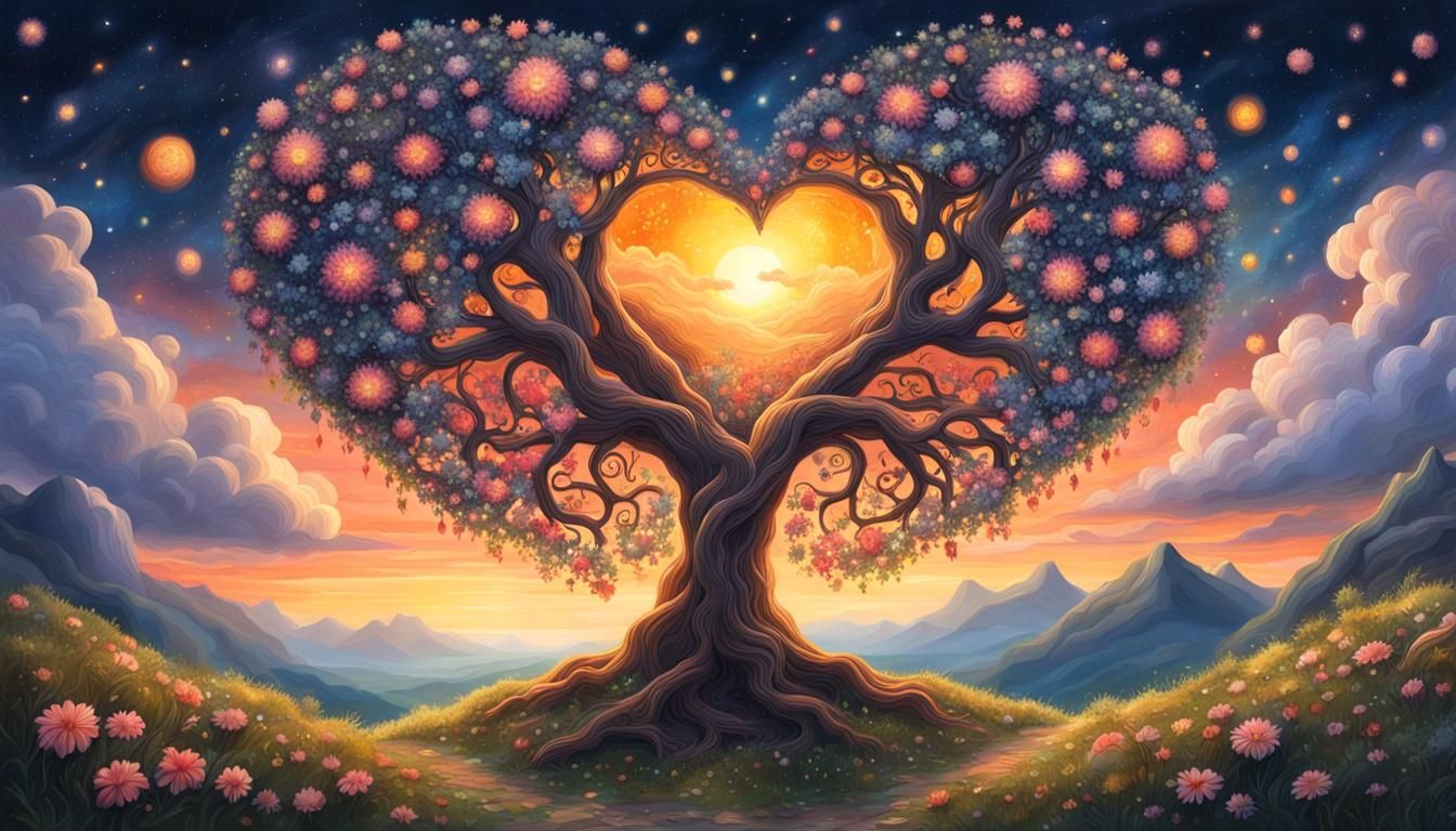 Epic Heartshaped Yggdrasil Blossoms Under Sunset Skies
