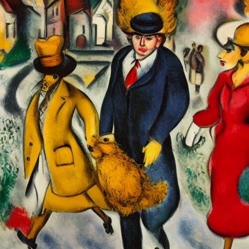 Hedgehog and Rabbit in 1950s Fashion, Vintage Oil Painting