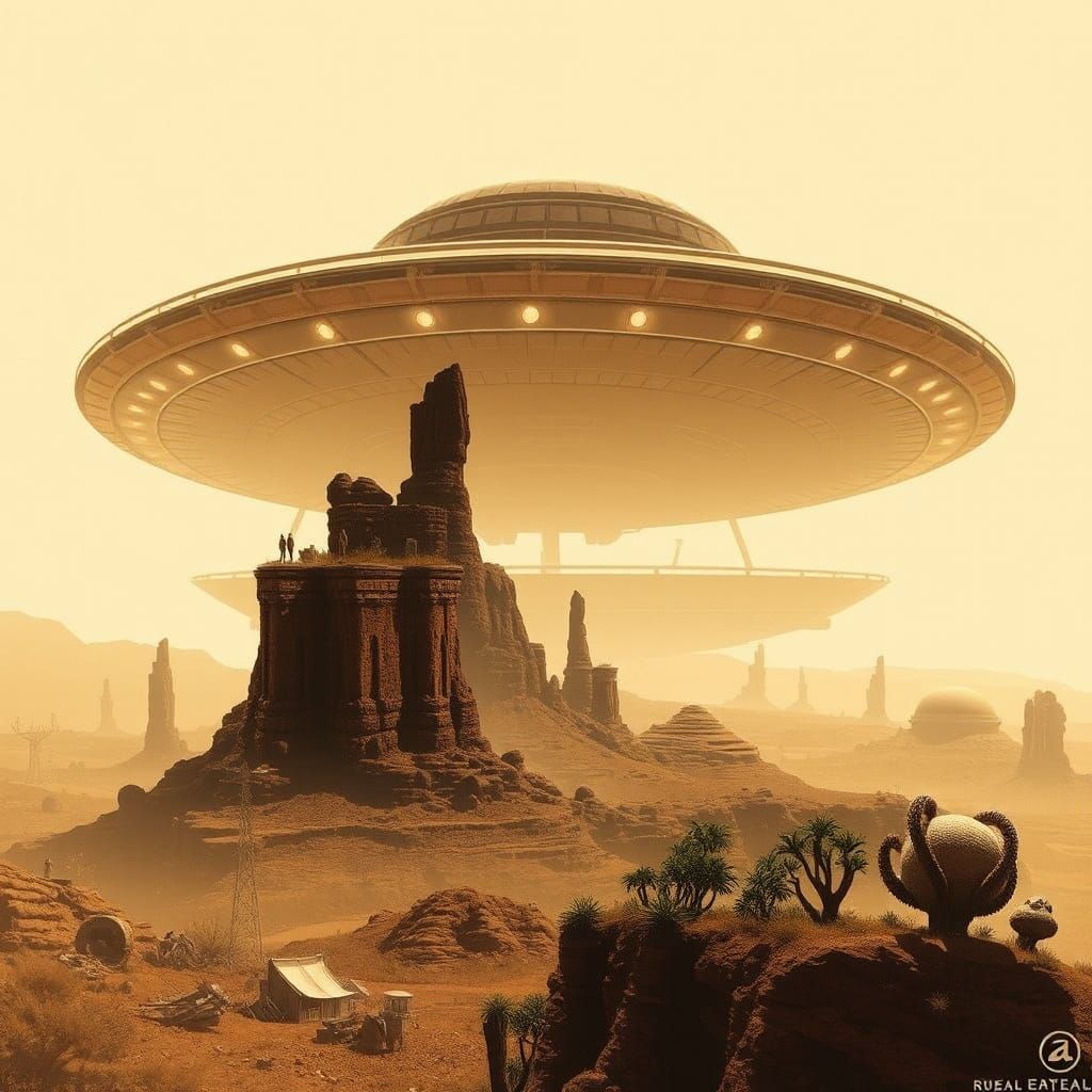 Enigmatic Sepia Saucer in Alien Landscape