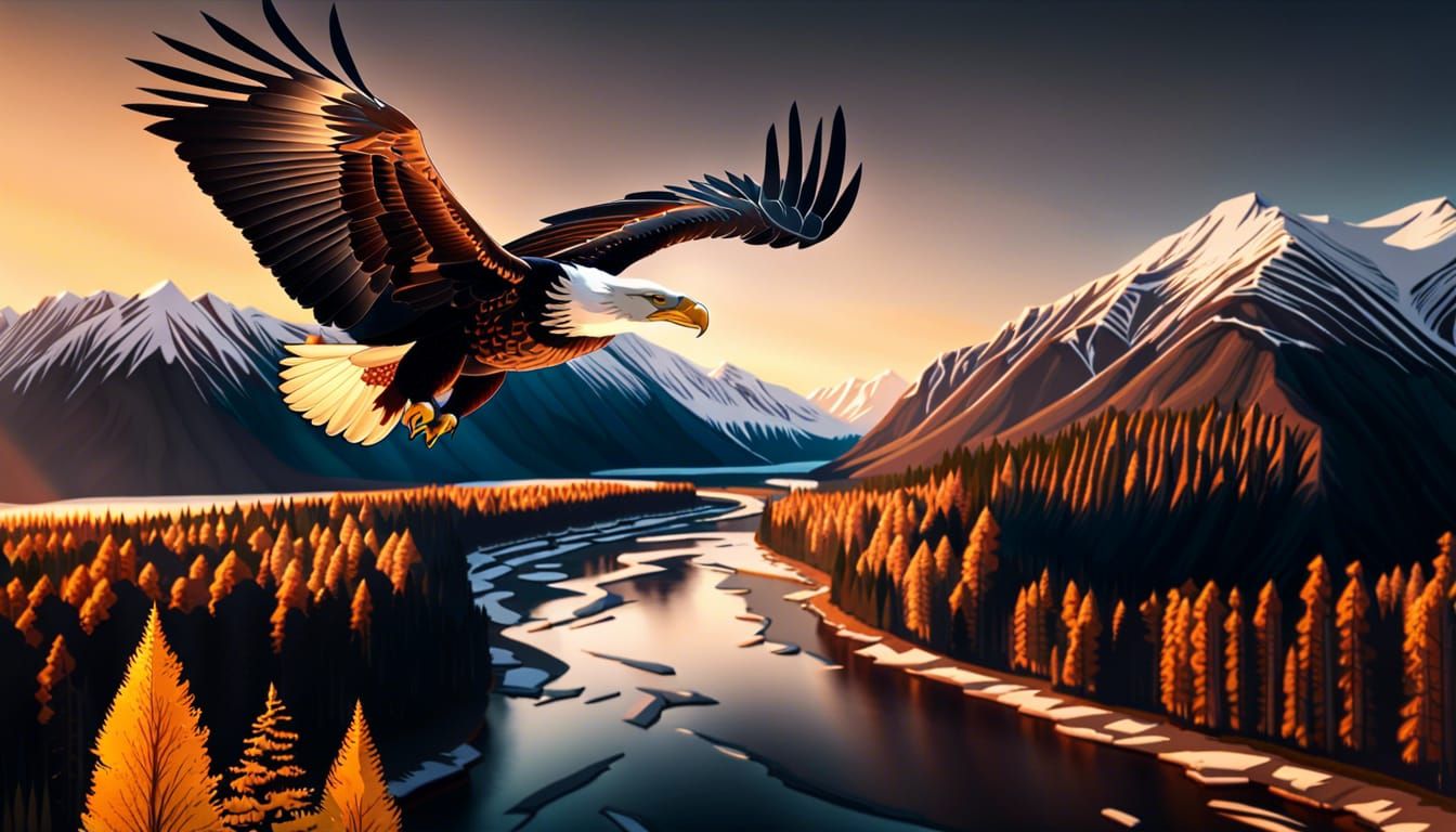 Giant Bald Eagle Soars Above Snowy Mountains