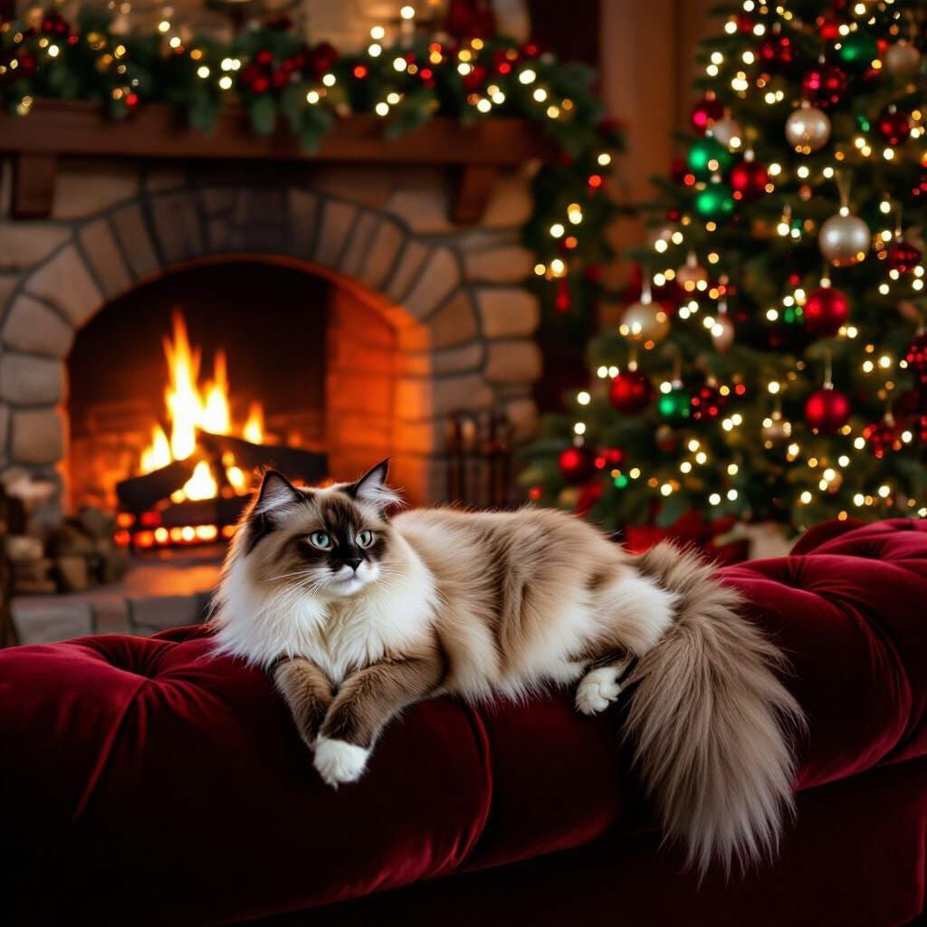 Ragdoll Cat on Sofa in Cozy Christmas Living Room
