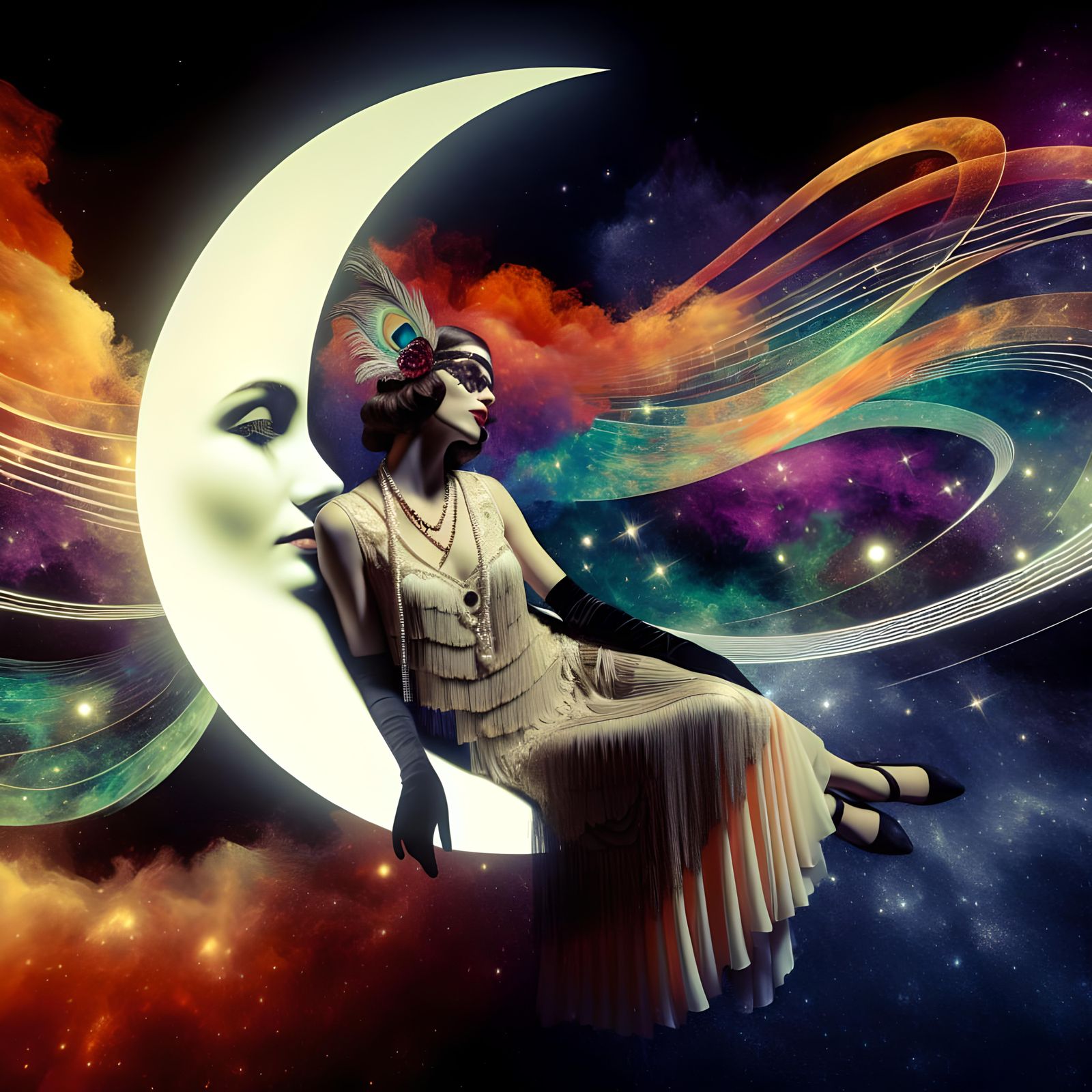 1920s Flapper Goddess in Ethereal Cosmic Dreamscape