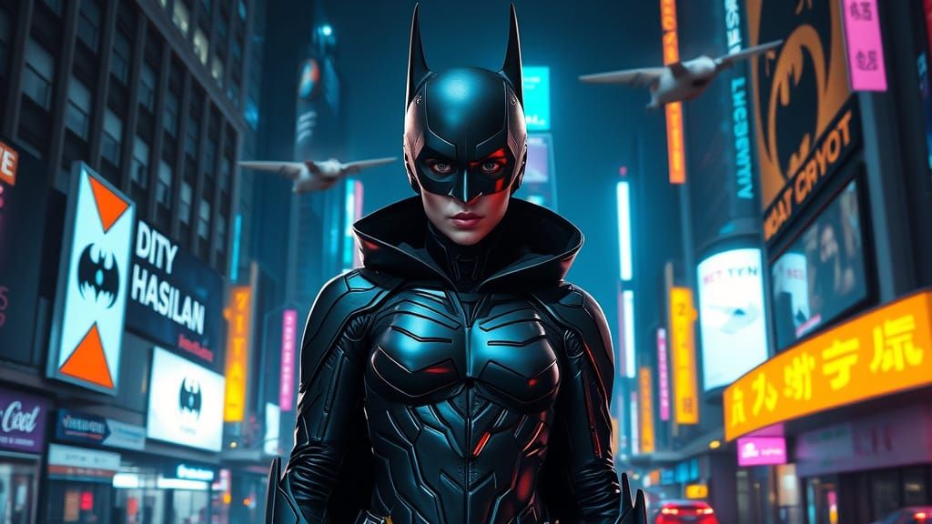 Cyberpunk Woman in Futuristic Batman Suit