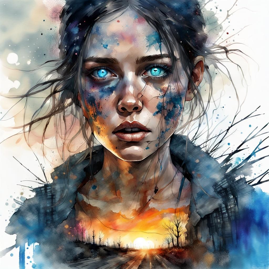 Glowing Post Apocalyptic Woman in Stunning Digital Watercolo...