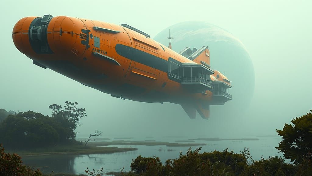 Spaceship Over Swamp Under Gas Planet