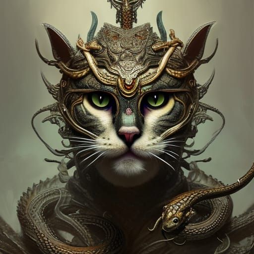 Fierce Feline Cat Warrior in Snake Armor