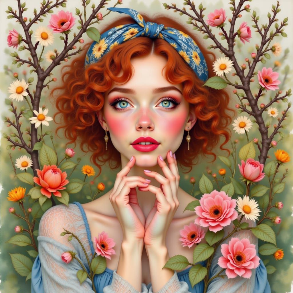 Irish Woman in Blossoming Orchard Watercolor Portrait