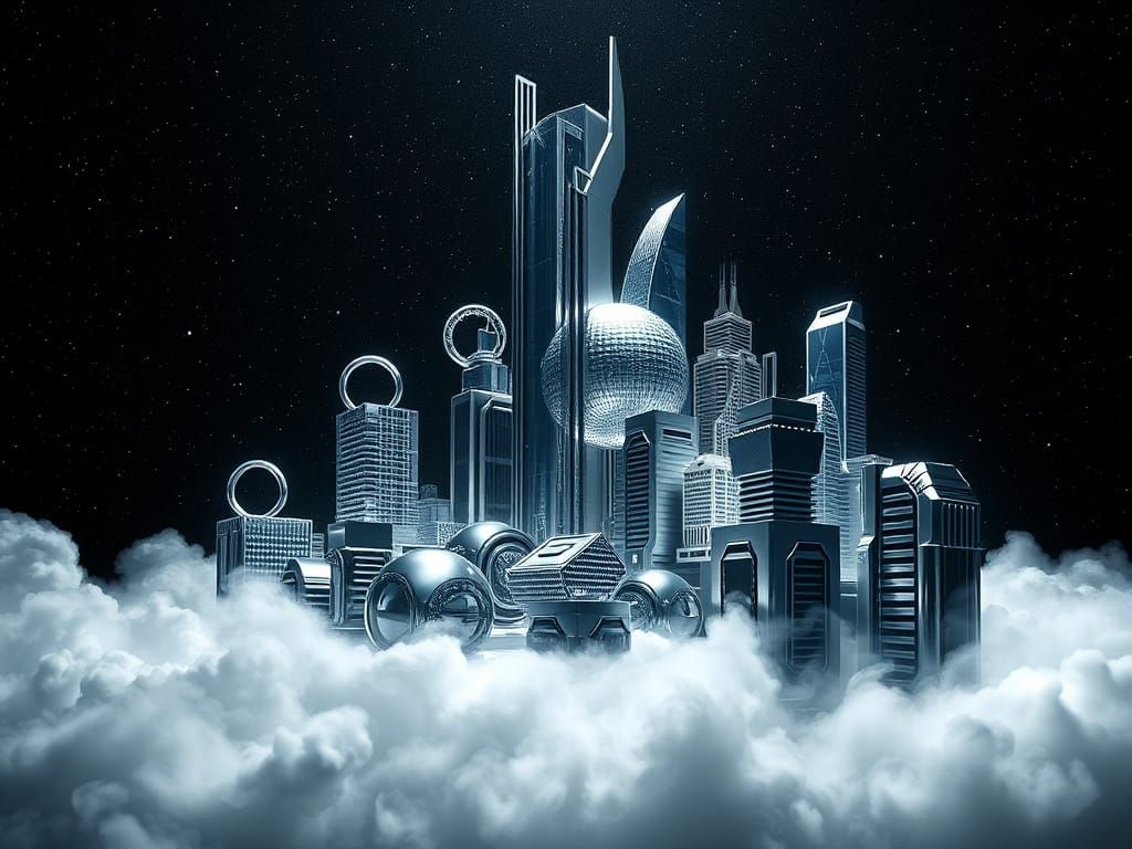 Futuristic Neocubist Chrome Cityscape in Mist