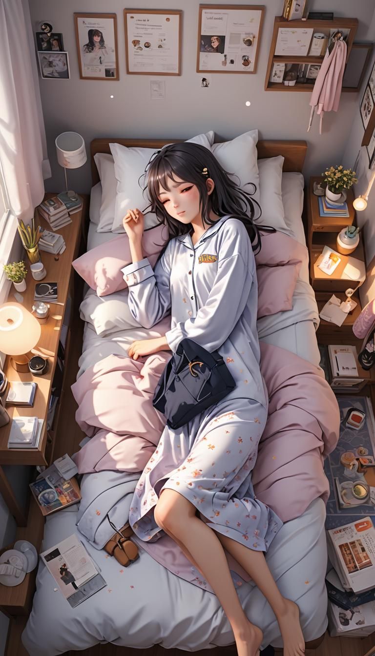 Anime-Inspired High School Girl Sleeping in Cozy Bedroom