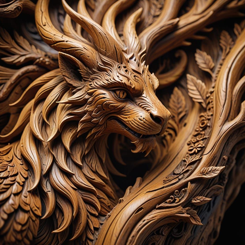 Mythical Creature Wood Carving Art in Macro Photography