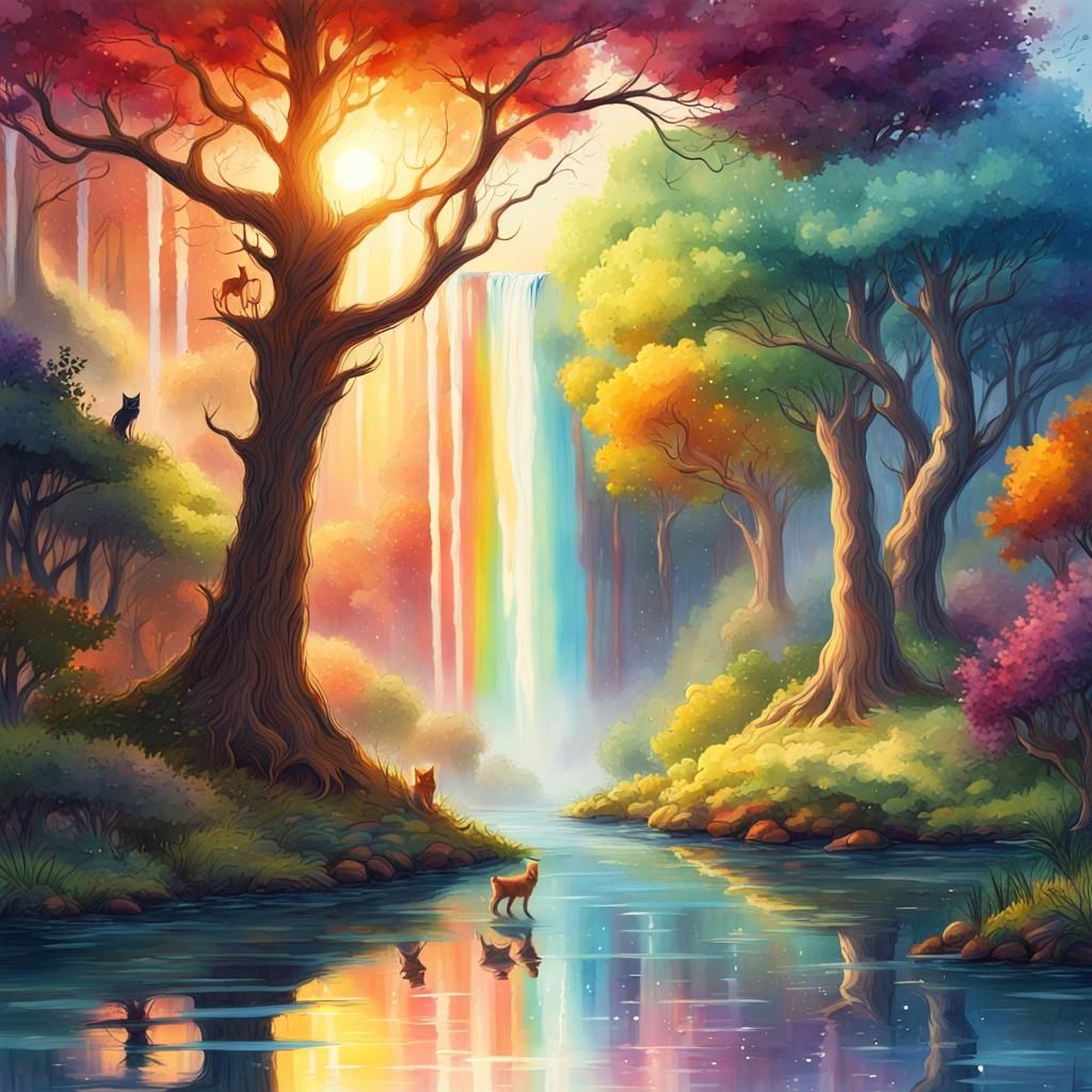 Vibrant Rainbow Forest Masterpiece in Oil, Watercolors, and...