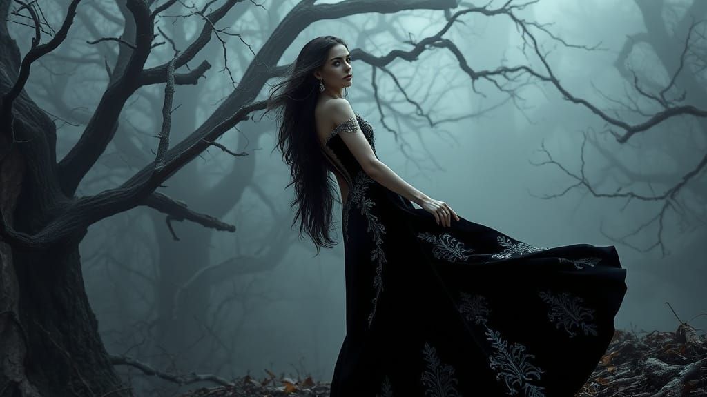 Woman in Velvet Gown Stands at Edge of Mystical Forest