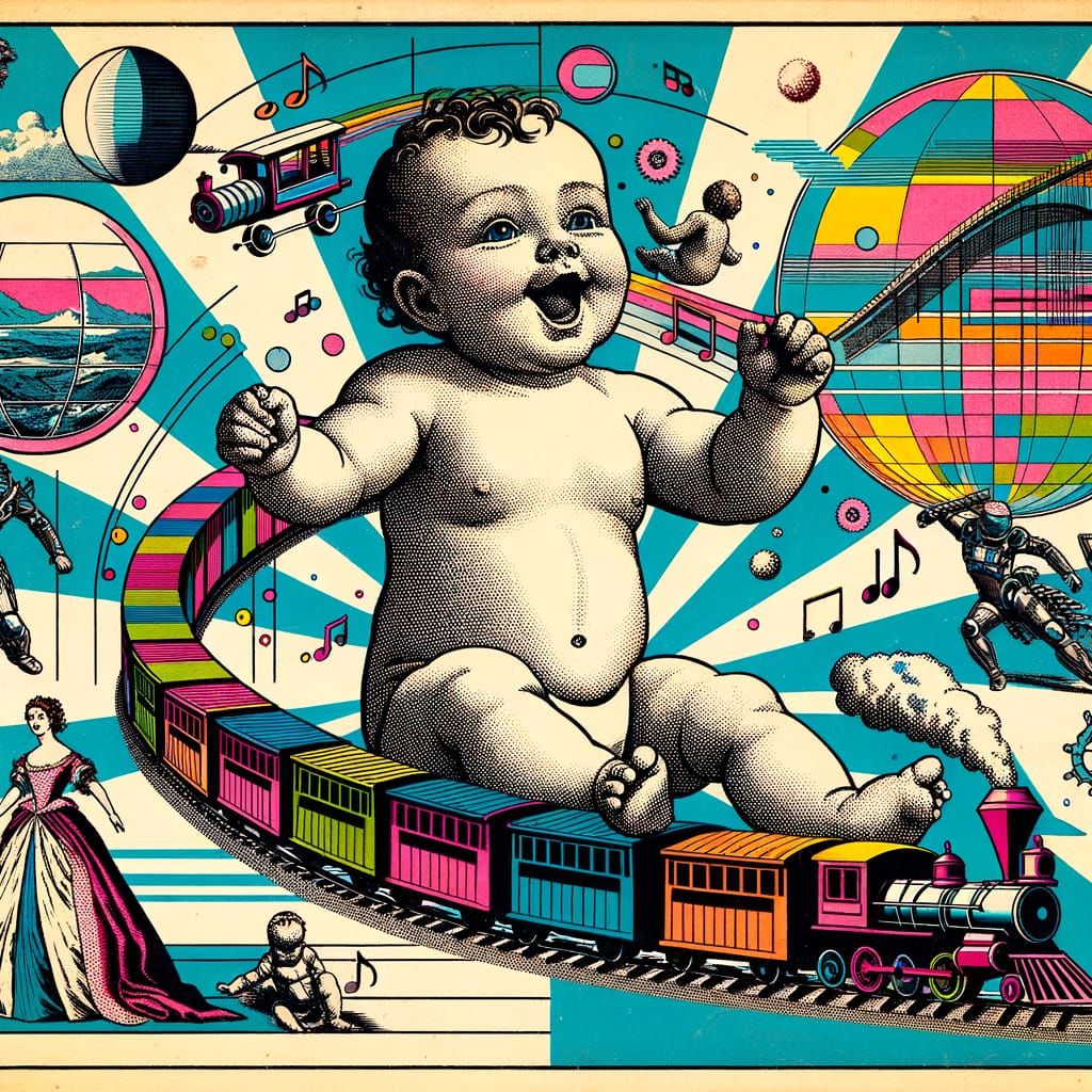 Baby Rocks Sci-Fi Train in 18th-Century Pop Art