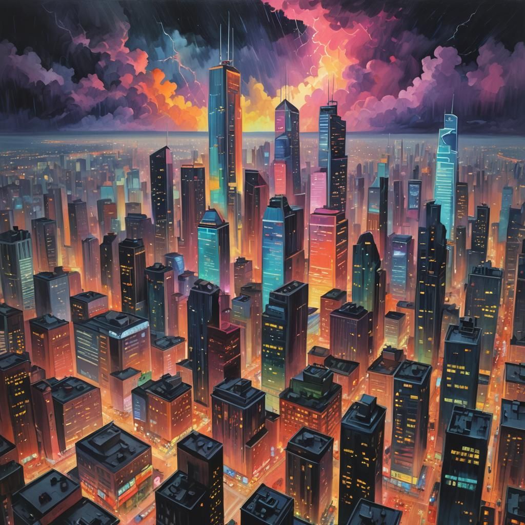 Vibrant Neon Cityscape Amidst a Stormy Night