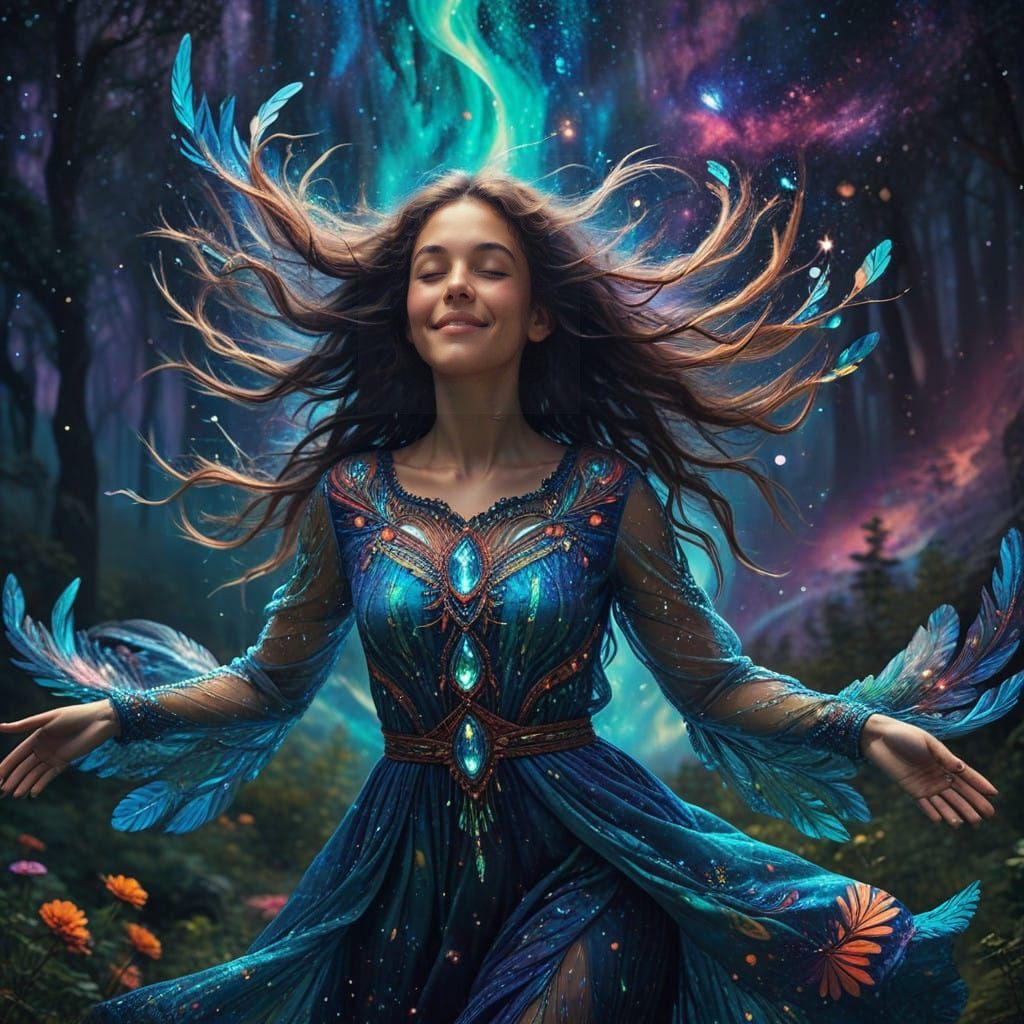 Free-Spirited Cosmic Wanderer in Vibrant Astral Landscape