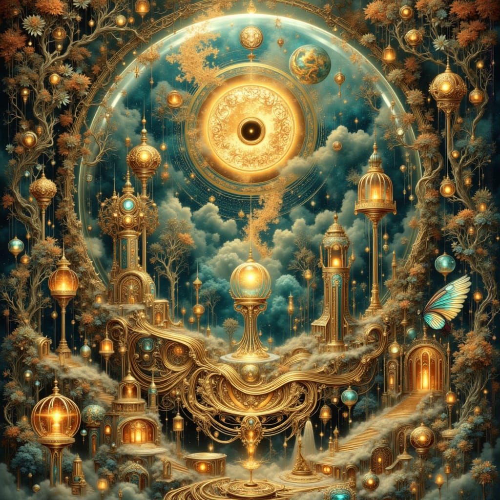Golden Fantasy Scene in Crystal Ball, Art Nouveau Style