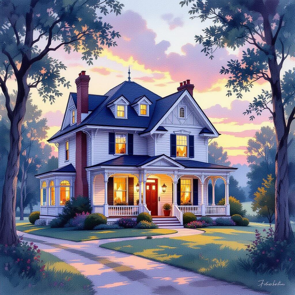 Hyperrealistic Bayport House at Romantic Twilight Watercolor