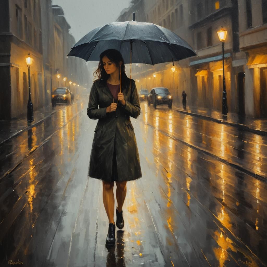 Moody City Street at Dusk, Soft Brushstrokes and Golden Ligh...