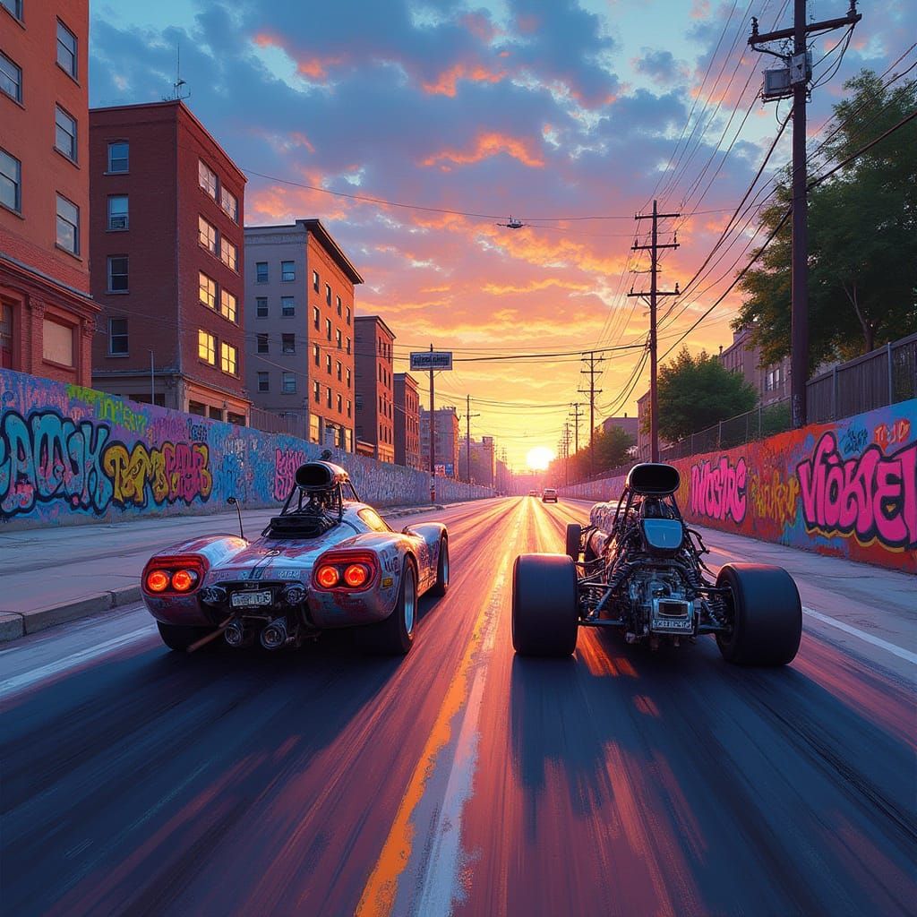 Drag Racers Speeding Through Graffiti Art Cityscape