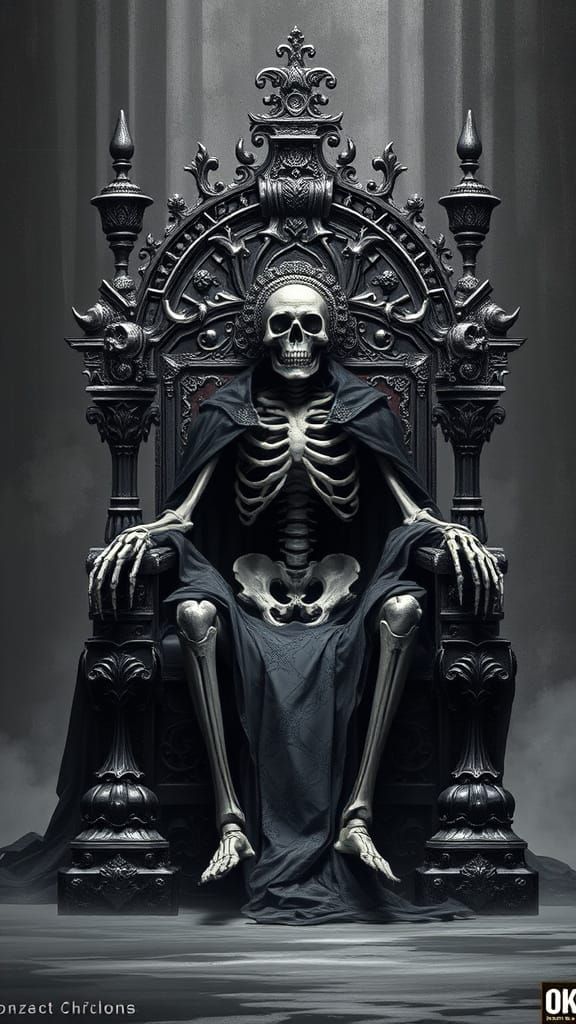 Regal Skeleton King on Throne in Black and White
